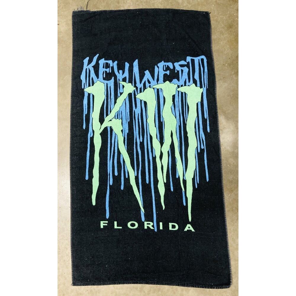 Vintage FLORIDA Beach Towel Key West Creepy Black Green 100% Cotton Event Souven